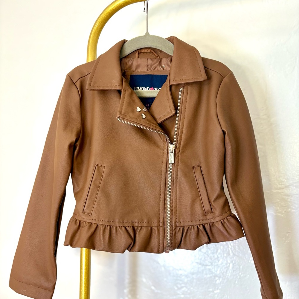 Adorable Limited Too girls’ vegan leather biker jacket in camel/cognac—size 4t